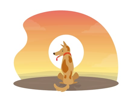 Cute Dog Sitting at Beautiful Sunset Flat Illustration vector