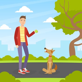 Young Man Walking and Playing Ball with Dog in Park in Sunny Day, Summer Outdoor Activities with Pet Flat Illustration vector