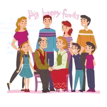 Big Happy Family Portrait, Several Generations Posing Together, Grandparents, Mother, Father and Children Cartoon Style Illustration vector