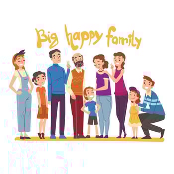 Big Happy Family, Several Generations Standing Together, Grandma, Grandpa, Mom, Dad and Children Cartoon Style Illustration vector
