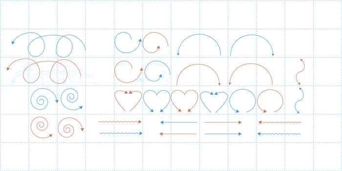 School notebook in a box with painted icons. Insoles and pointers painted in a school notebook. Hand-drawn icons on a mesh background. vector