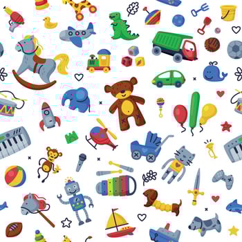 Children Toys Seamless Pattern, Cute Colorful Various Objects for Kids Game, Endless Repeating Print for Fabric, Wrapping Paper, Background Cartoon Illustration vector