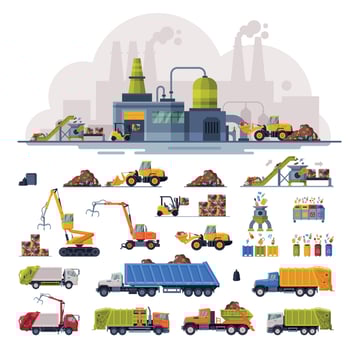 Waste Processing Plant, Industrial Garbage Recycling, Collection of Heavy Machinery Vehicles for Garbage Transportation, Separation and Recycling Flat Illustration vector