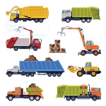Heavy Special Sanitary Vehicles Set, Garbage Truck, Bulldozer, Waste Collection, Transportation and Recycling Concept Flat Style Illustration vector
