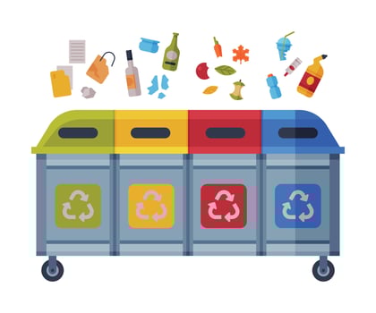 Waste Sorting, Different Trash Bins with Sorted Garbage, Paper, Glass, Organic, Plastic Kinds of Trash Flat Style Illustration on White Background vector