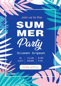 Summer beach party template poster. Summer festival design template. Party poster with colorful tropical leaves. Party flyer for night club. vector