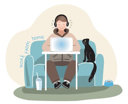 A man works with a laptop. Work from home. Black cat vector