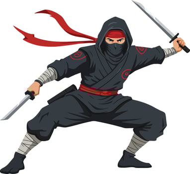 Ninja warrior in black outfit with red scarf holding swords in battle stance illustration vector