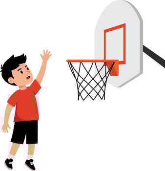 Young boy playing basketball scoring a goal with orange hoop and net illustration vector