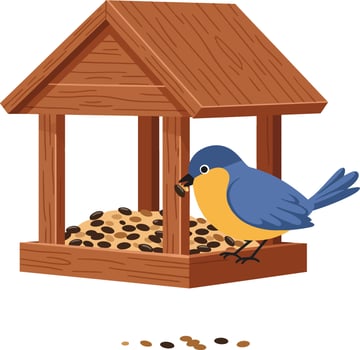 Bird eating seeds at wooden bird feeder with simple design and natural colors illustration vector