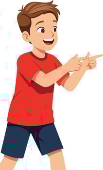 Happy boy in red shirt and blue shorts pointing with fingers playful cheerful child illustration vector