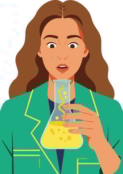 Woman scientist holding yellow chemical liquid in laboratory beaker with surprised expression illustration vector