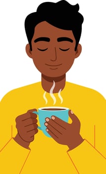 Man enjoying hot coffee in blue cup with yellow sweater illustration portrait vector
