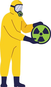 Person in yellow hazmat suit holding radioactive waste symbol for hazardous material handling illustration vector