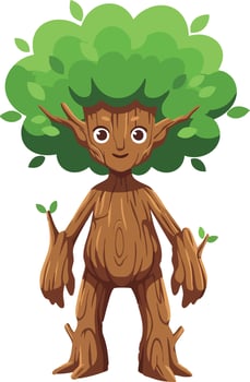 Tree character with leafy green crown and wooden body fantasy forest creature illustration vector