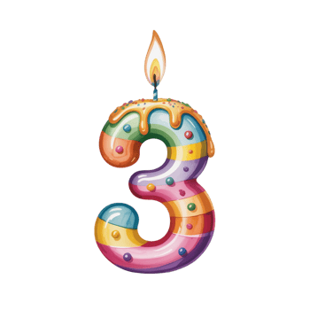 A colorful candle shaped like the number 3 is decorated with stripes and small spheres. cutouts png
