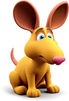 A whimsical, golden cartoon dog with big ears sits, looking contemplative and slightly melancholic. png