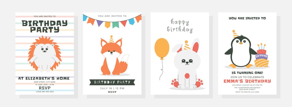 Happy birthday posters set with cute little penguin, bunny, fox, hedgehog, cake, candles, balloon, hat. Birthday party illustration for greeting card, invitation, banner and more vector
