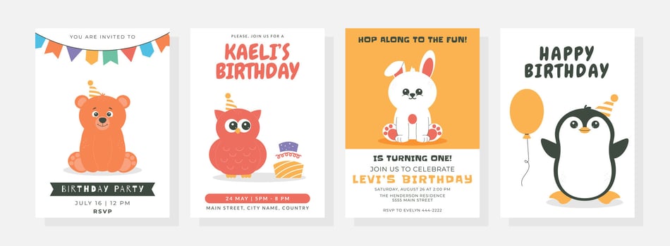 Happy birthday posters set with cute little bear, owl, bunny, penguin, cake, balloon, hat. Birthday party illustration for greeting card, invitation, banner and more vector
