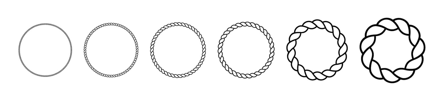 Circular rope frame with sea knot design. Braided string border for nautical decor. Flat illustration isolated on white background. vector