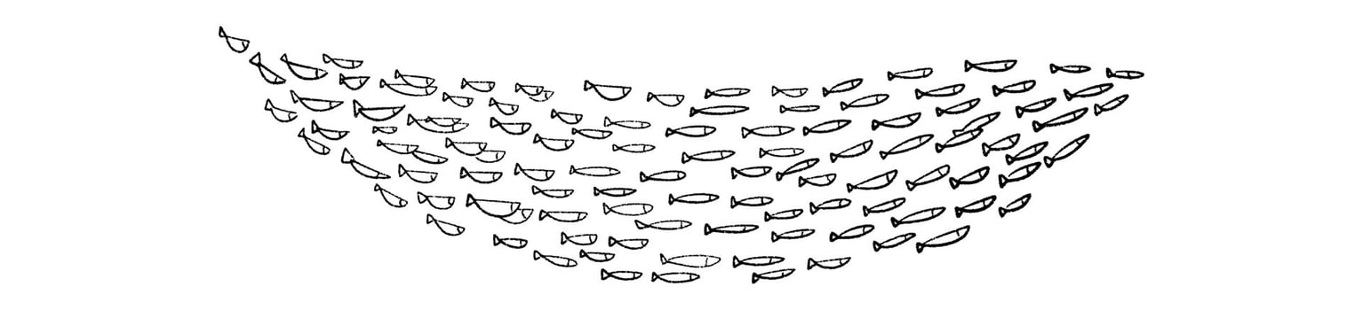 School of fish sea life silhouette. Underwater marine animal group. Flat illustration isolated on white background. vector