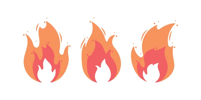Fire flame icon with grunge texture. Vintage hipster fire flame logo, label, badge. Illustration. Hand drawn fire icons vector