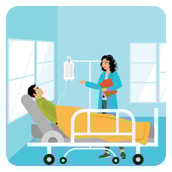 Doctor Visiting a Patient in a Hospital Room Offering Compassionate Care. vector