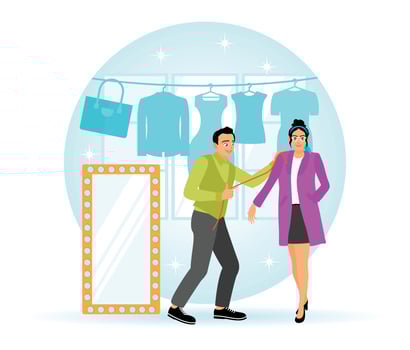 Elegant Clothing Fitting in a Boutique With Mirror and Hanging Apparel. vector