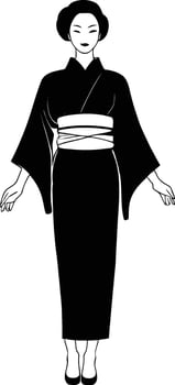 Silhouette of elegant woman in traditional Japanese kimono with flowing sleeves and styled hair, perfect for cultural artwork, Asian design themes, or historical costume illustrations. vector