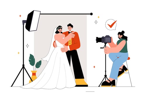 Bride and Groom Wedding Pose Illustration with Camera and Photographer vector
