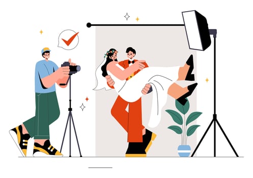 Flat Style Cartoon of Wedding Photographer Capturing Special Moments vector