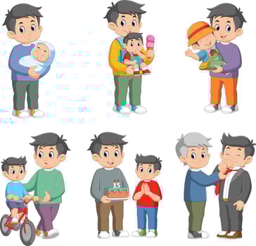 Care, trust and support between parent and a child. Man and little boy daily life. vector