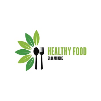 healthy food logo design concept with leaf, sppon and fork icon vector