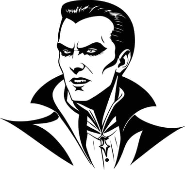 Gothic vampire portrait in silhouette, featuring sharp fangs and classic formal wear, perfect for horror-themed illustrations, spooky digital art, or Halloween and fantasy design assets. vector