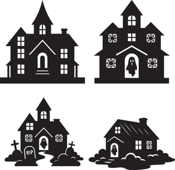 Haunted House Silhouette Illustration with Ghosts and Graveyard Elements for Halloween vector