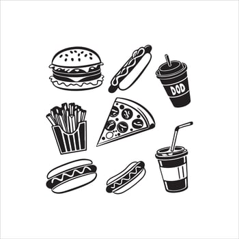Fast Food Silhouette Clipart Set, Black Doodle Foods vector