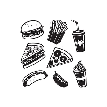 Fast Food Silhouette Clipart Set, Black Doodle Food vector