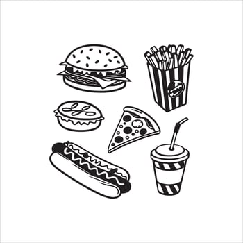 Fast Food Silhouette Clipart Set, Black Doodle Food Icon vector
