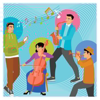 Group of Musicians and Listeners Enjoying an Artistic Ensemble Performance. vector