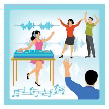 Party Scene with Female DJ and Dancing Crowd in Vibrant Atmosphere. vector