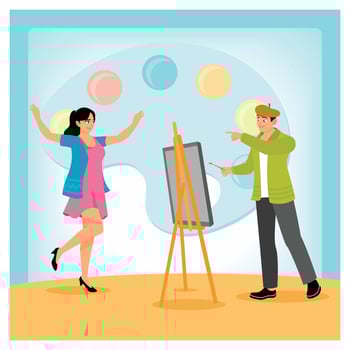 Artist Painting Female Model in Creative Studio with Abstract Colorful Background. vector