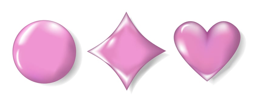 Set of 3D Forms Circle, Square, Heart Realistically isolated on white Background. Pink Chrome Form, Liquid Metal. Spherical 3D spheres. Precious Stone. illustration for Design and Business. vector