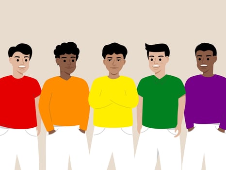 Group of five diverse men standing together, each wearing colorful shirt and white pants, smiling and expressing friendship and unity in casual indoor setting vector