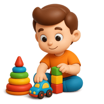 Cute Cartoon Boy Playing with Colorful Building Blocks and Toy Car png