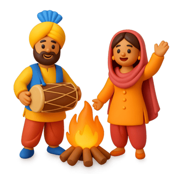 Colorful Lohri Festival Celebration with Traditional Characters and Fire png