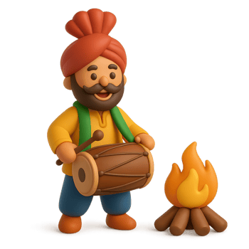 3D Lohri Celebration Icon with Drummer and Bonfire Elements png