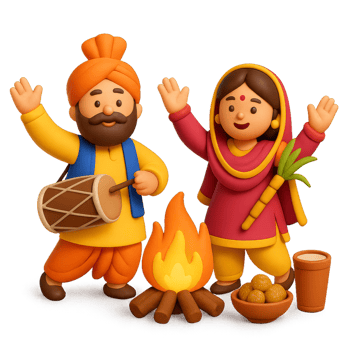 Vibrant Lohri Festival Celebration with Colorful Characters and Fire png