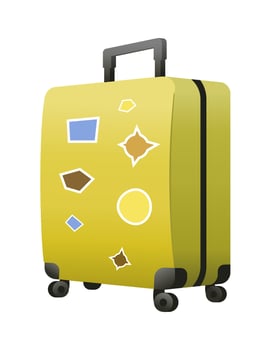 yellow suitcase with lots of stickers vector