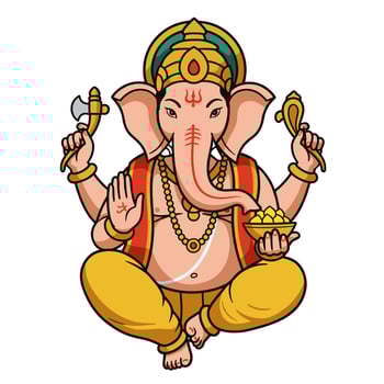 Line art illustration of Ganesha, the Hindu god, in a serene pose, holding a bowl of modak. vector