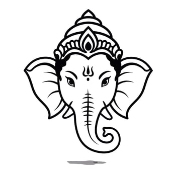 Line art illustration of Ganesha, the Hindu elephant god. A black and white depiction of the deity's head, showcasing cultural significance. vector